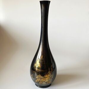 Vintage Japanese ENGRAVED And ENAMELLED BRASS Metalwork Bud Vase